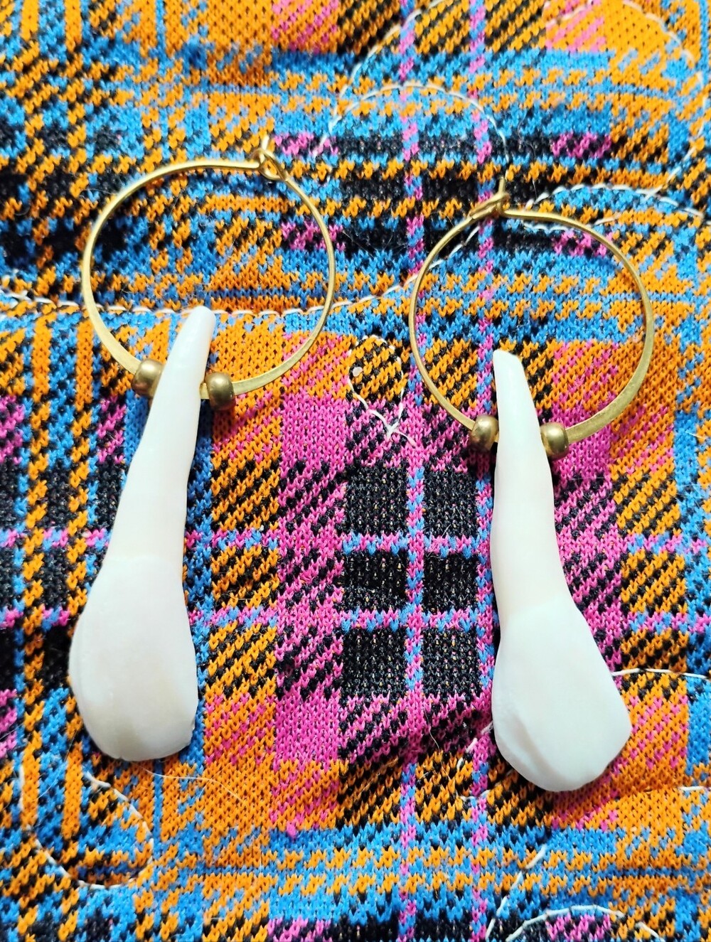Buffalo Tooth Hammered Brass Hoops with Bead Accents